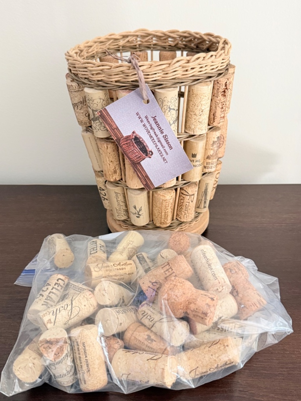 Wine Cork Basket 8.5" Keepsake Signed Jeannie Sisson 2019 with bag of Corks